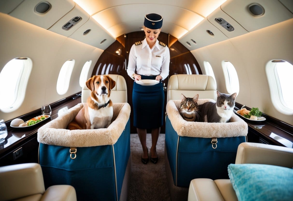 A dog and a cat sit in comfortable pet carriers inside a luxurious private jet cabin. The pets are surrounded by plush bedding and toys, while a flight attendant prepares their water and food dishes